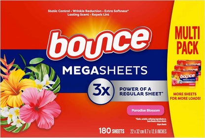 Bounce Mega Dryer Sheets, Paradise Blossom, Mega Fabric Softener Sheets with Static Control, Wrinkle Reduction, Extra Softness, Lasting Scent, Repels Lint
