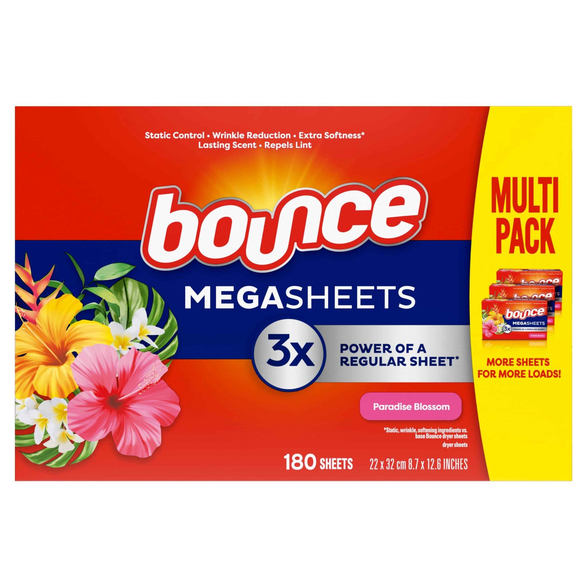 Bounce Mega Dryer Sheets, Paradise Blossom, Mega Fabric Softener Sheets with Static Control, Wrinkle Reduction, Extra Softness, Lasting Scent, Repels Lint