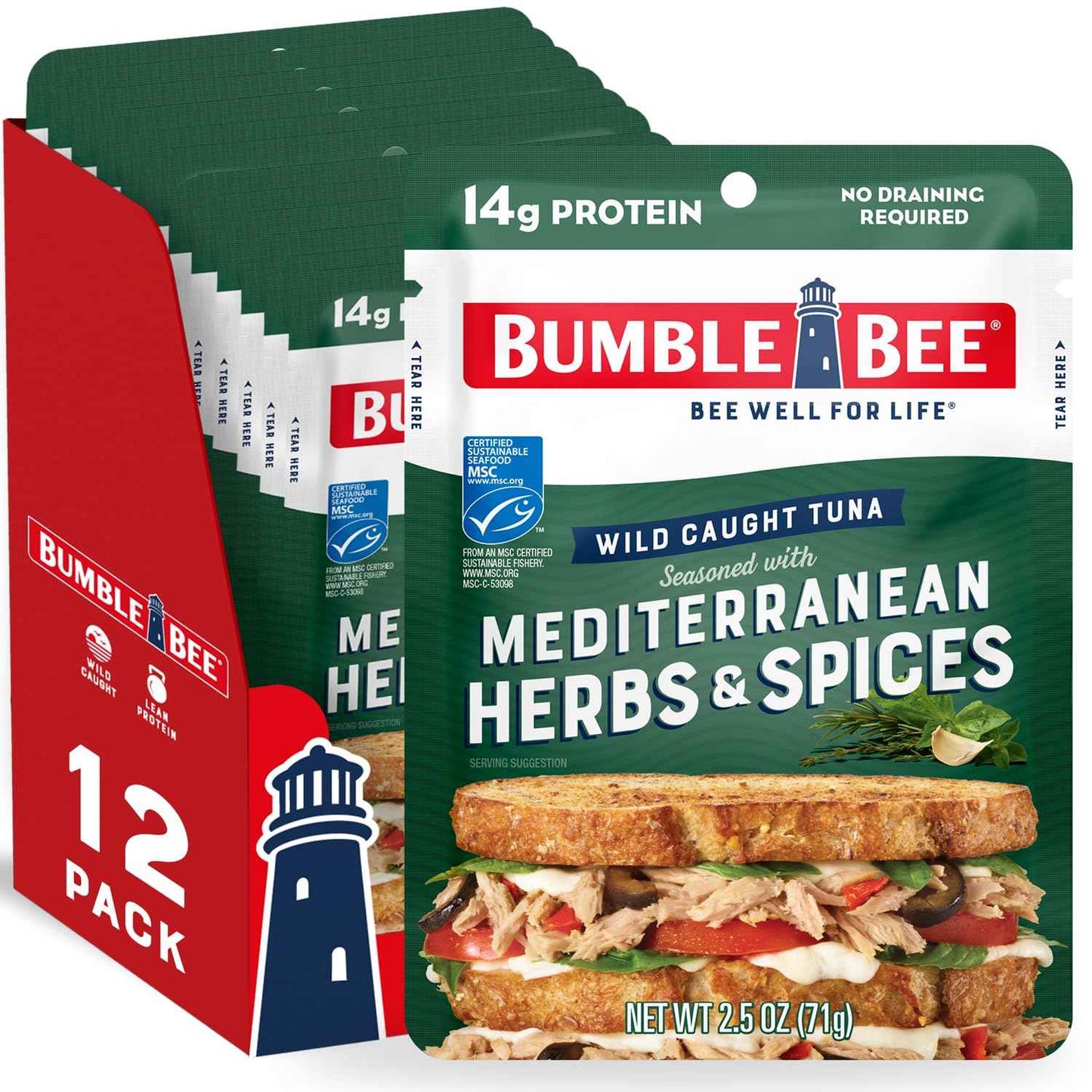 Bumble Bee Seasoned Tuna Pouch - Wild Caught and Ready to Eat for Snack, Salad, Korean Tuna Bowl - 14g Protein per Serving - PERFECT, PORTABLE, GOODNESS - 2.5 oz Packet