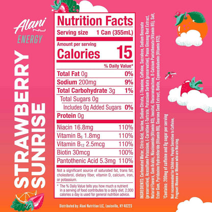 Alani Nu STRAWBERRY SUNRISE Sugar Free, Low Calorie Energy Drinks, 200mg Caffeine, Biotin B Vitamins, Zero Sugar, 10 Calories, 12 Fl Oz Cans, 12 Pack