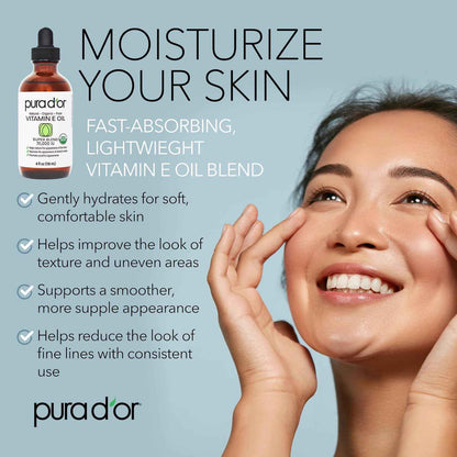 PURA D'OR 4 Oz Organic Vitamin E Oil 70,000 IU, USDA Certified Face, Body, Hair & Bath Oil with Argan, Jojoba, Rosehip, Apricot, Almond & Avocado, Lightweight Moisturizing Blend for Soft, Smooth Skin