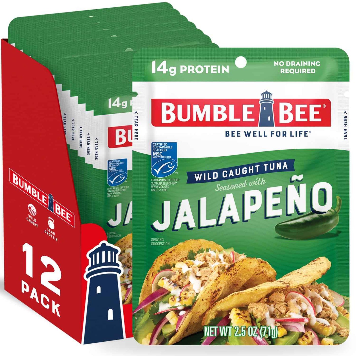 Bumble Bee Seasoned Tuna Pouch - Wild Caught and Ready to Eat for Snack, Salad, Korean Tuna Bowl - 14g Protein per Serving - PERFECT, PORTABLE, GOODNESS - 2.5 oz Packet