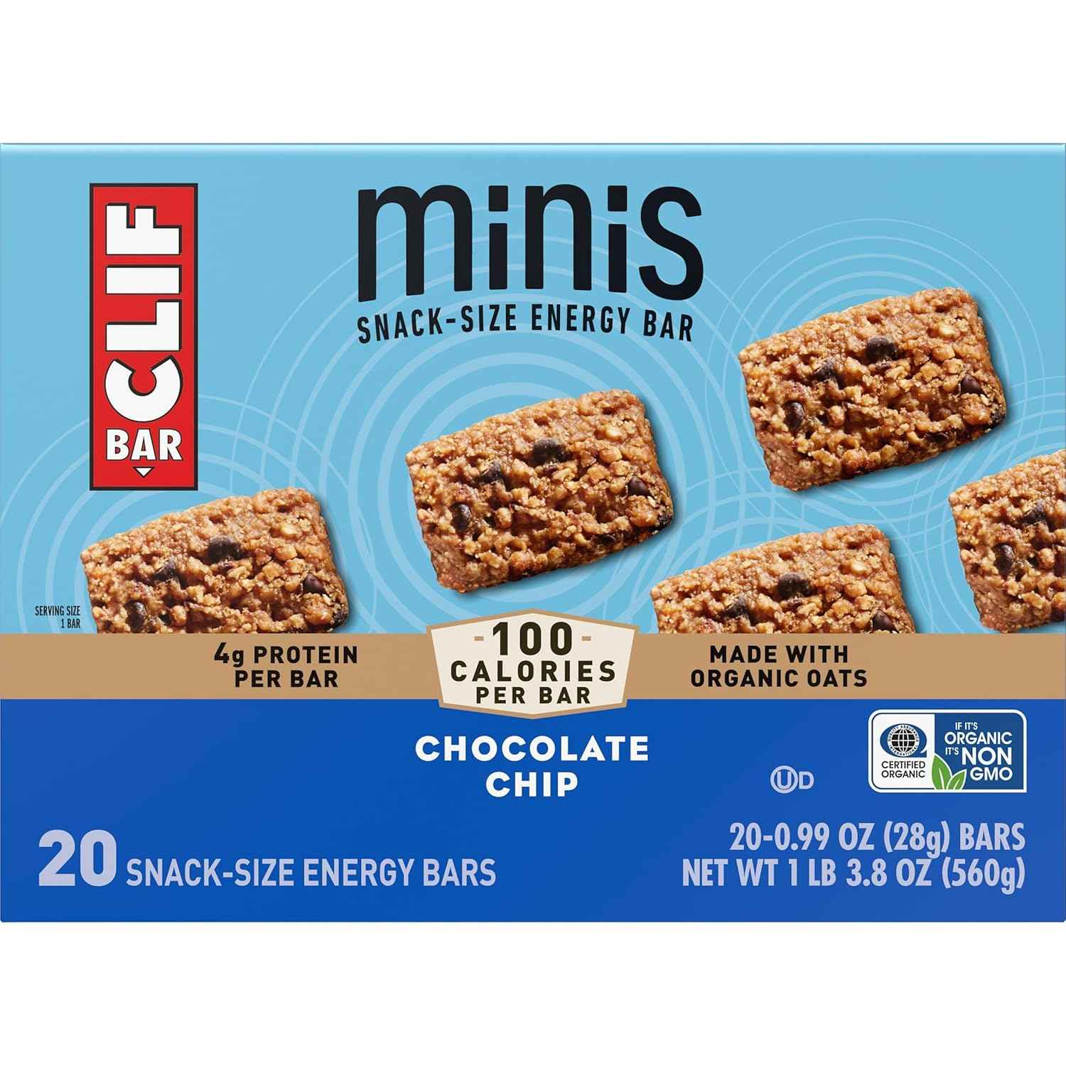 CLIF BAR Minis - Chocolate Chip - Made with Organic Oats - 4g Protein - Non-GMO - Plant Based - Snack-Size Energy Bars - 0.99 oz
