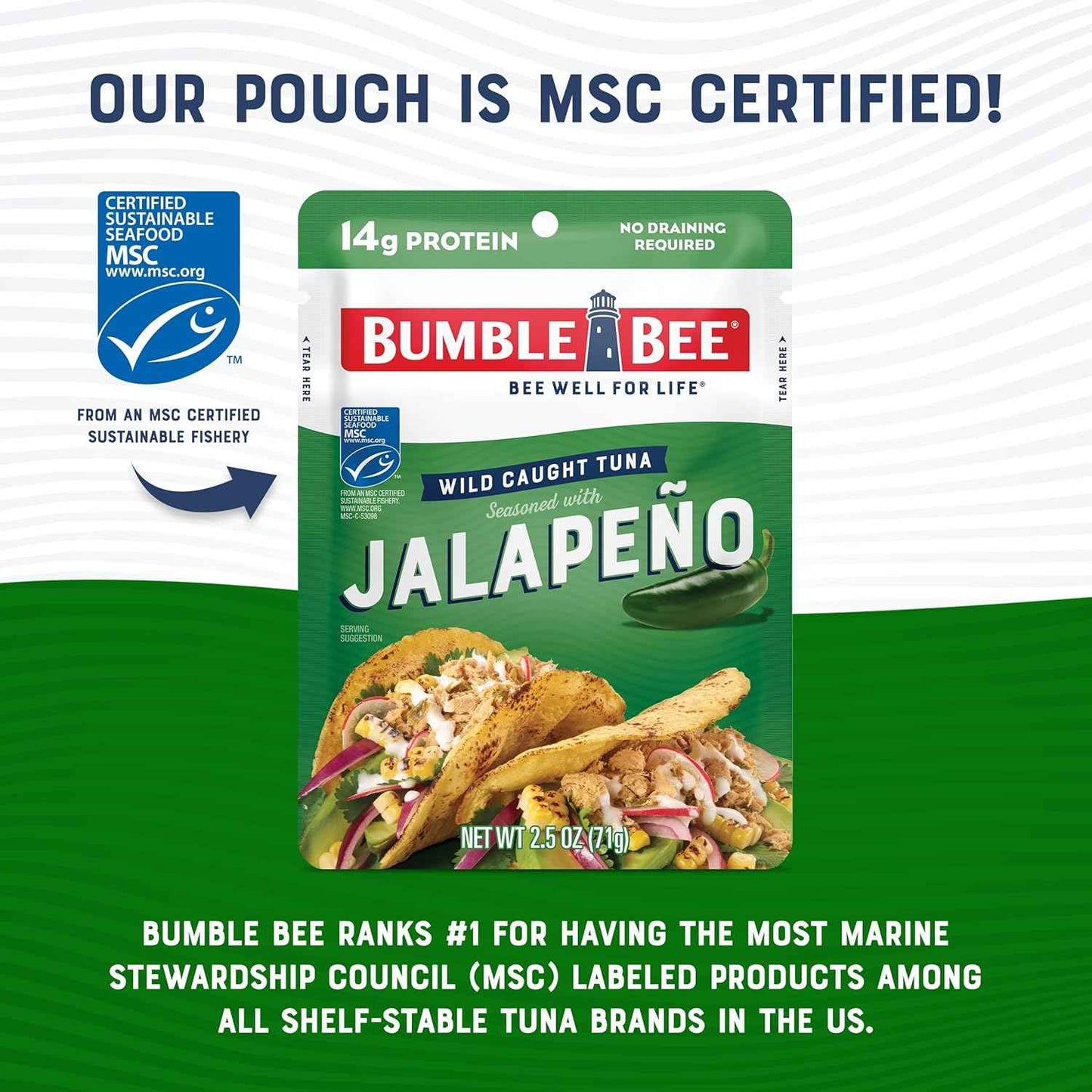 Bumble Bee Seasoned Tuna Pouch - Wild Caught and Ready to Eat for Snack, Salad, Korean Tuna Bowl - 14g Protein per Serving - PERFECT, PORTABLE, GOODNESS - 2.5 oz Packet
