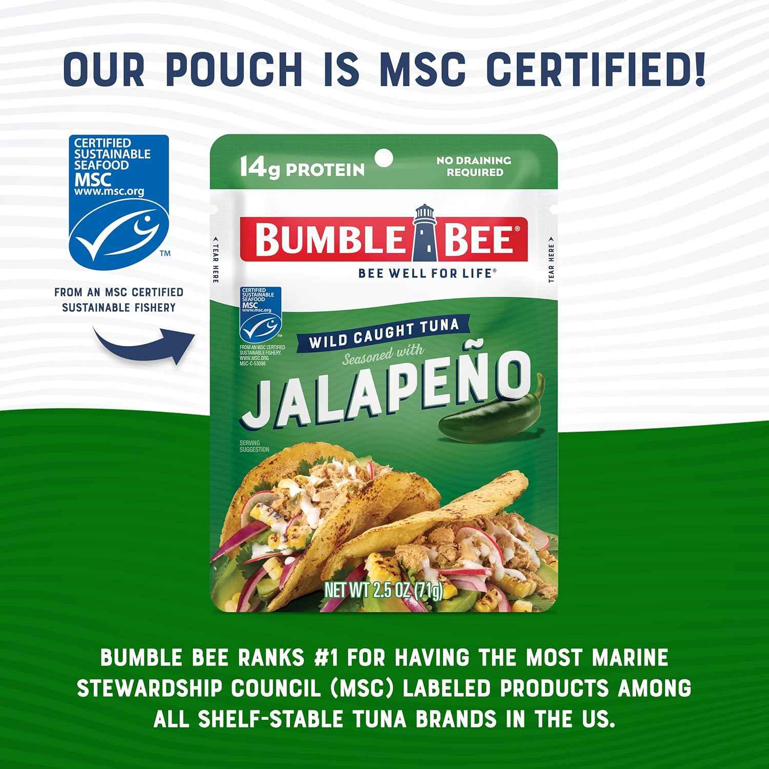 Bumble Bee Seasoned Tuna Pouch - Wild Caught and Ready to Eat for Snack, Salad, Korean Tuna Bowl - 14g Protein per Serving - PERFECT, PORTABLE, GOODNESS - 2.5 oz Packet