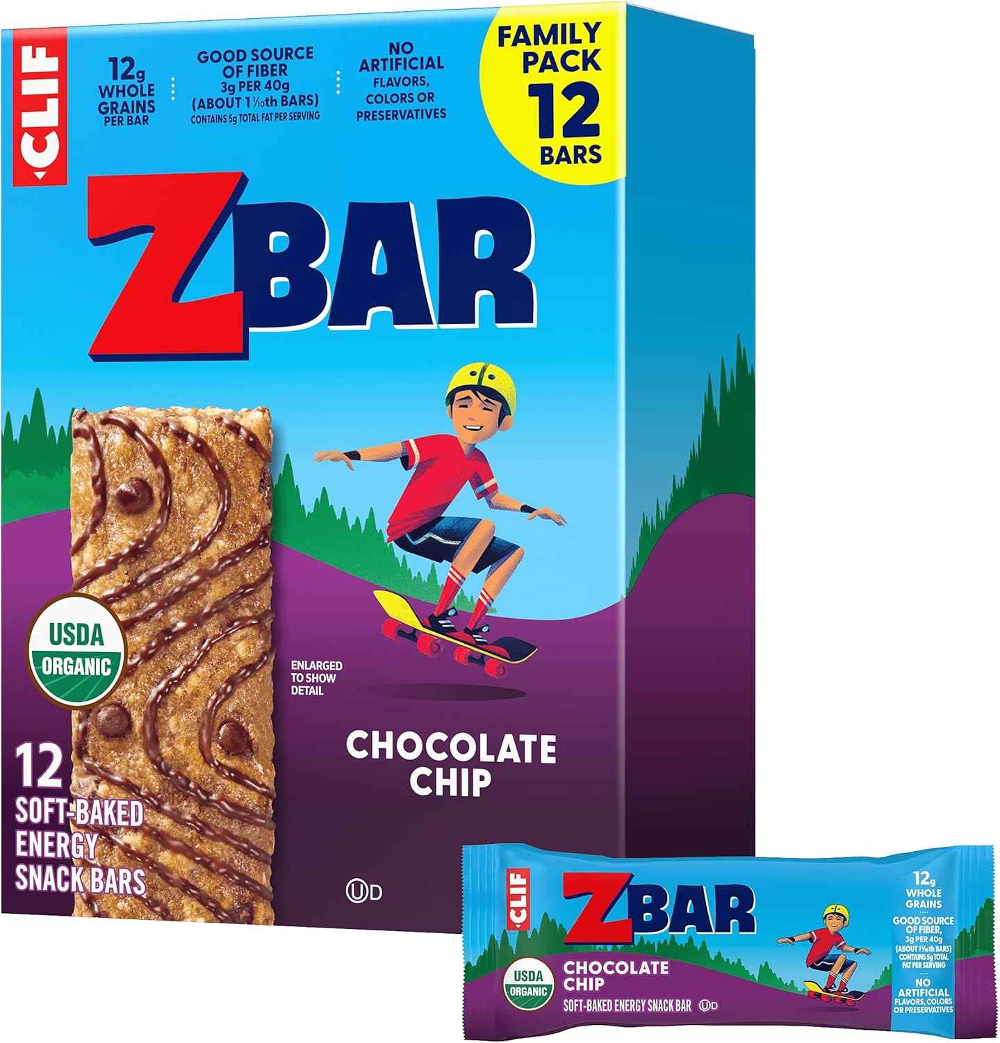 Zbar - Chocolate Chip - Soft-Baked Energy Snack Bars - Non-GMO - 12g Whole Grains - USDA Organic Granola Bars - Snacks for Kids (12 Pack)