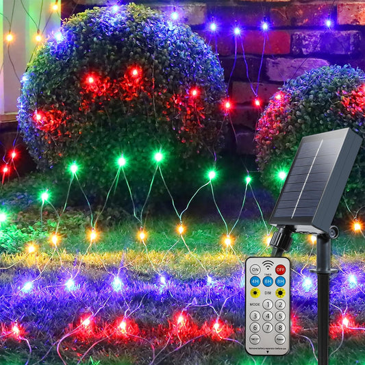 YAOZHOU_Solar_Christmas_Net_Lights_Multicolor,_Outdoor_Waterproof_208Led_9.9Ft*6.6Ft_Mesh_Lights_8_Modes_with_Timer,_Solar_Powered_Christmas_Decorations_for_Lawn,_Bushes,_Trees
