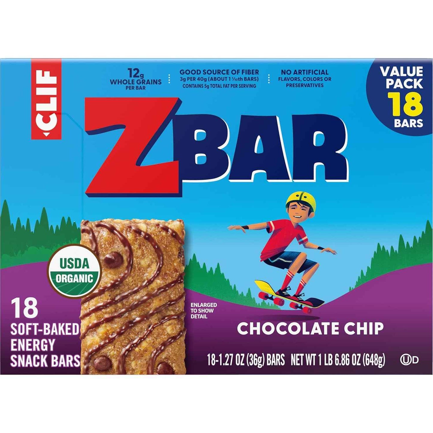 Zbar - Chocolate Chip - Soft-Baked Energy Snack Bars - Non-GMO - 12g Whole Grains - USDA Organic Granola Bars - Snacks for Kids (18 Pack)