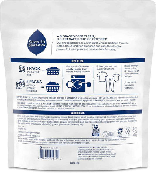 Seventh Generation Laundry Detergent Packs, Made for Sensitive Skin, EPA Safer Choice Certified