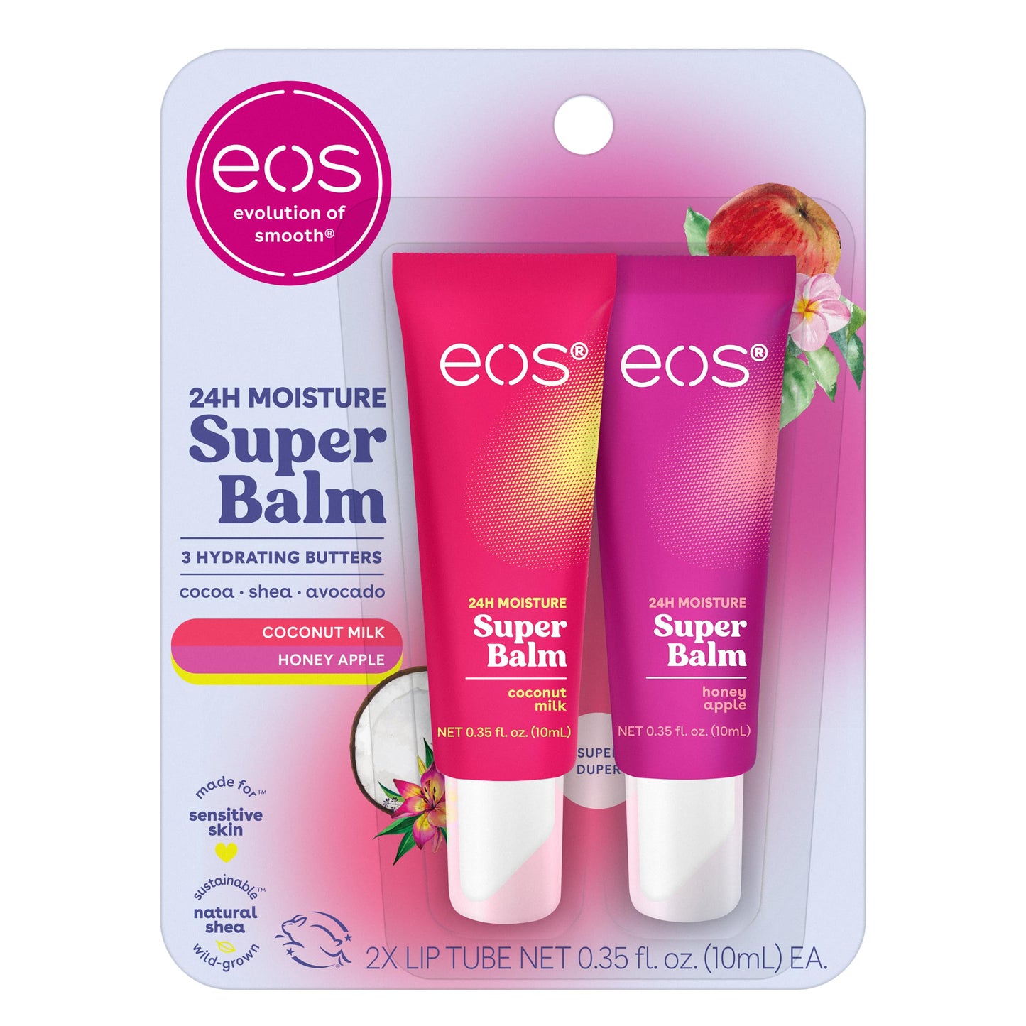 eos 24H Moisture Super Balm - Coconut Milk &amp;amp; Honey Apple, Day or Night Lip Treatment, Made for Sensitive Skin, Lip Balms &amp;amp; Moisturizers, 0.35 fl oz, 2-Pack