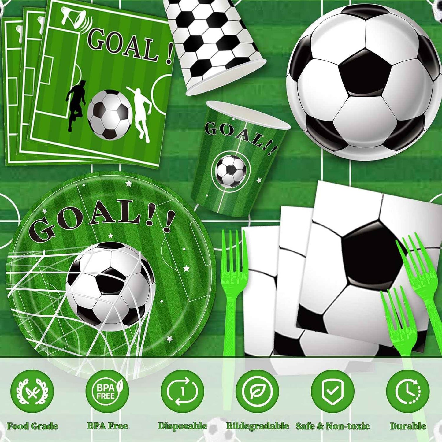 Soccer Party Decorations, 143Pcs Soccer Birthday Party Supplies-Serves 24 with Plates and Napkins Tablecloth and Birthday Banner Balloons for Soccers Sports Theme Birthdays Decorations