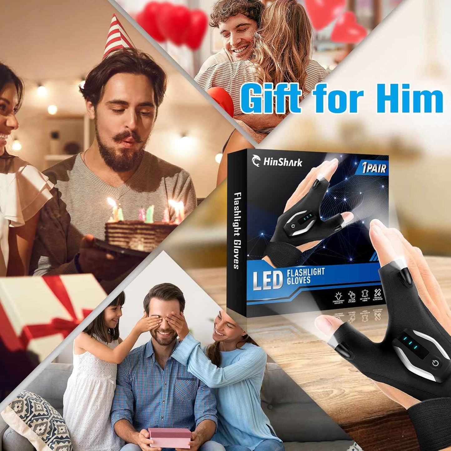 Valentines Day Gifts for Him, LED Flashlight Gloves, Mens Valentines Gifts for Men Dad Husband Boyfriend, Anniversary Birthday Gifts for Camping Essentials Cool Gadgets Tools for Fishing Repairing