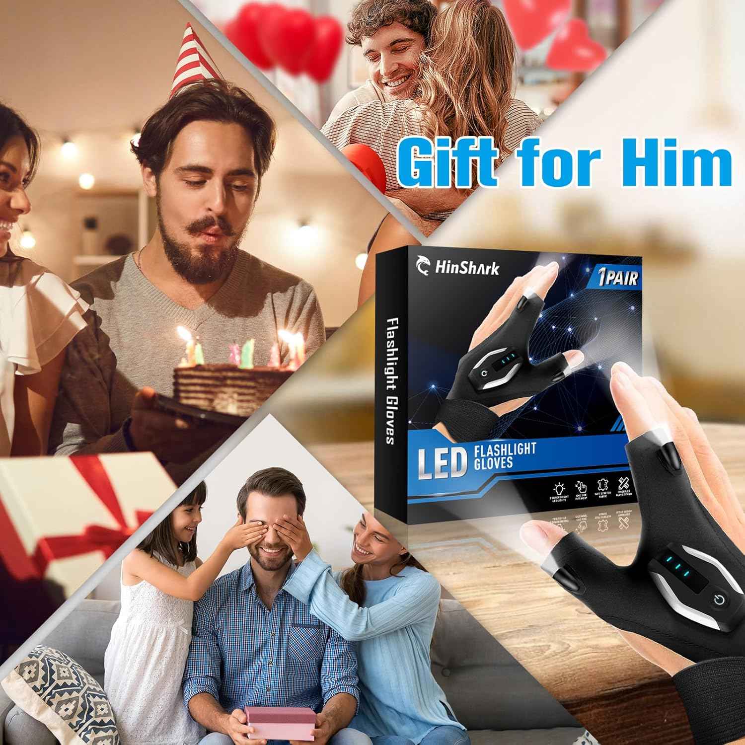 Valentines Day Gifts for Him, LED Flashlight Gloves, Mens Valentines Gifts for Men Dad Husband Boyfriend, Anniversary Birthday Gifts for Camping Essentials Cool Gadgets Tools for Fishing Repairing