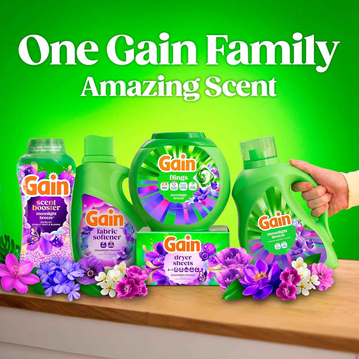 Gain Flings Liquid Washing Detergent Pacs with Odor Defense + Color Guard, Moonlight Breeze Scent, 4-In-1 Liquid Laundry Detergent Pods, Clean & Fresh