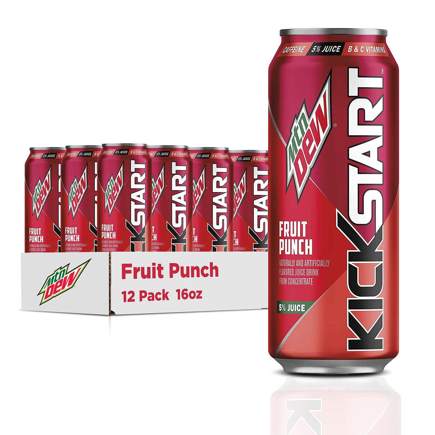 Mountain Dew Kickstart, Fruit Punch, 92mg Caffeine, Vitamins B &amp;amp; C, 80 Calories, 5% Juice, 16 fl oz (12 Count)
