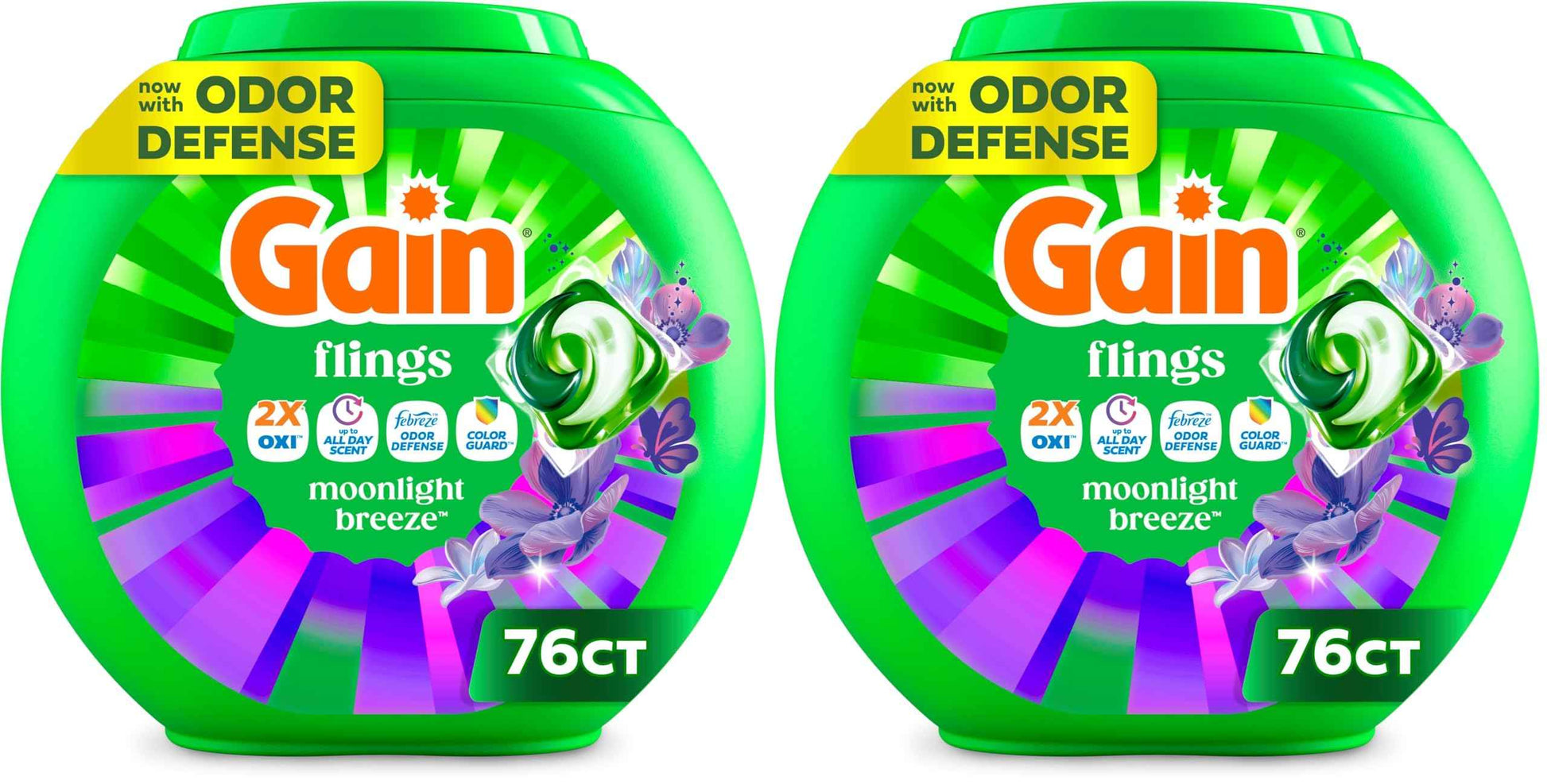 Gain Flings Liquid Washing Detergent Pacs with Odor Defense + Color Guard, Moonlight Breeze Scent, 4-In-1 Liquid Laundry Detergent Pods, Clean & Fresh