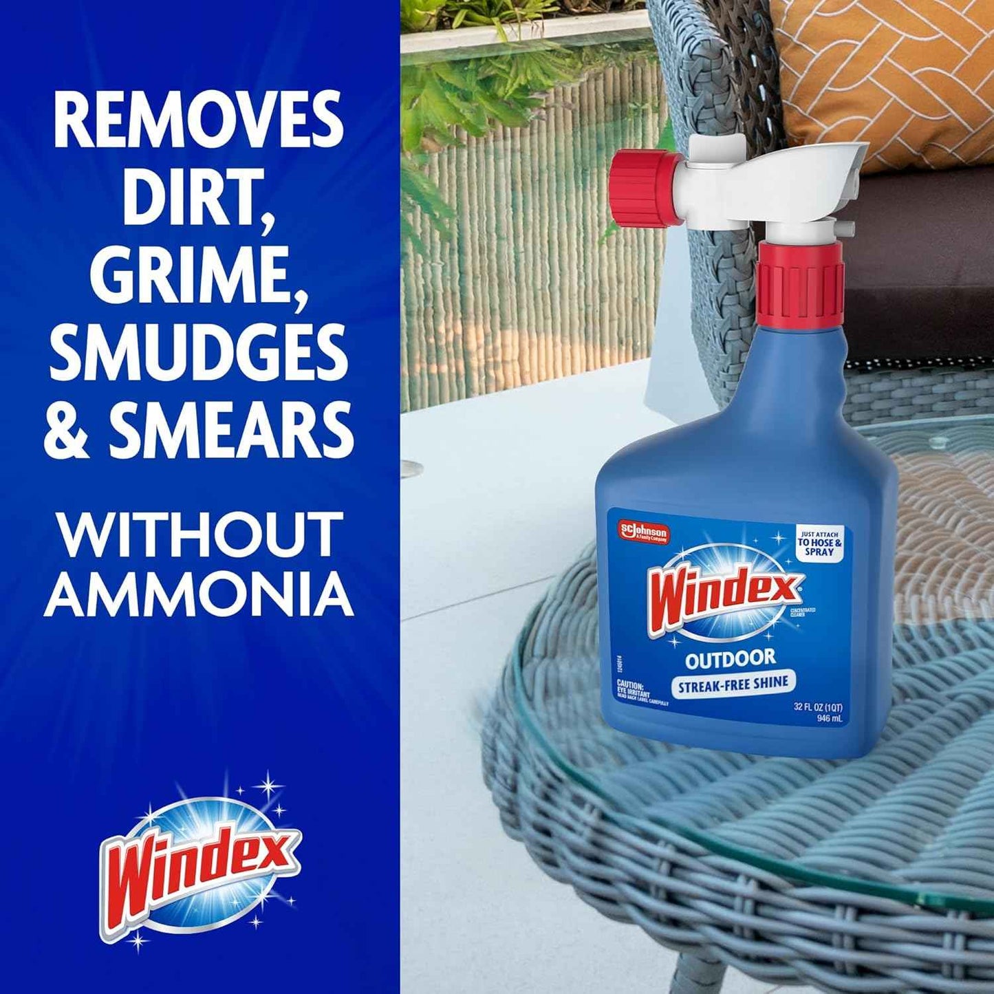 Windex Outdoor Window and Glass Cleaner for Hose Ammonia Free, Concentrated Formula for Deep Outdoor Clean, Patio Cleaner, Compatible With All Hoses, 32 Fl Oz