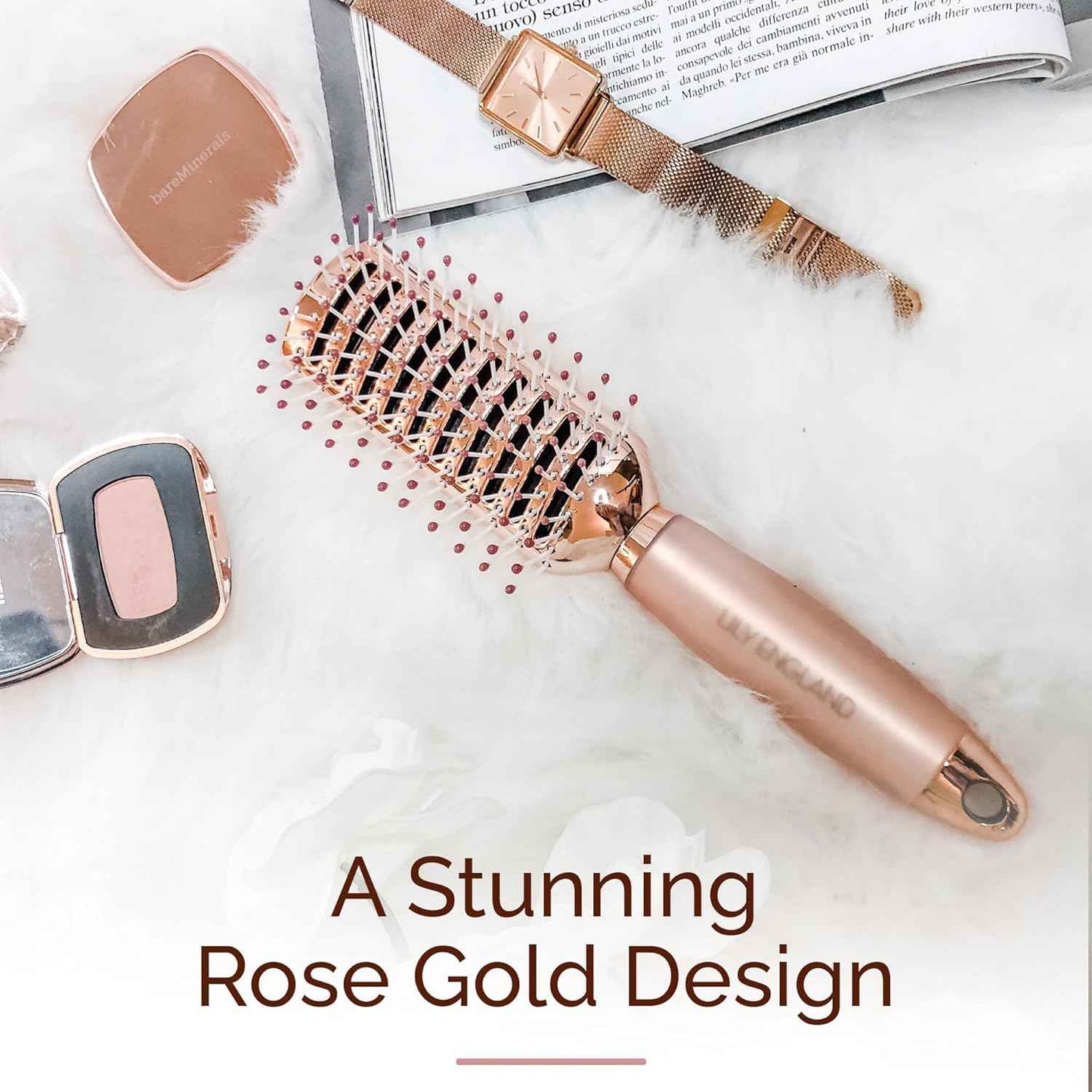 Lily England Vented Hair Brush for Blow Drying - Easy Detangling Hairbrush for Women for Fine, Thick, Curly Hair with Non-Slip Gel Handle - Static Free Vent Hair Brushes for Faster Drying, Rose Gold