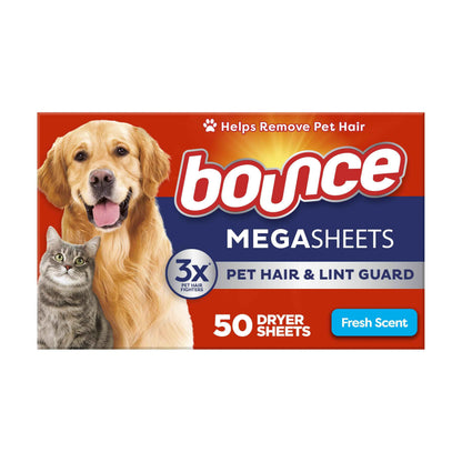 Bounce Pet Hair and Lint Guard Mega Dryer Sheets with 3X Pet Hair Fighters, Fresh Scent