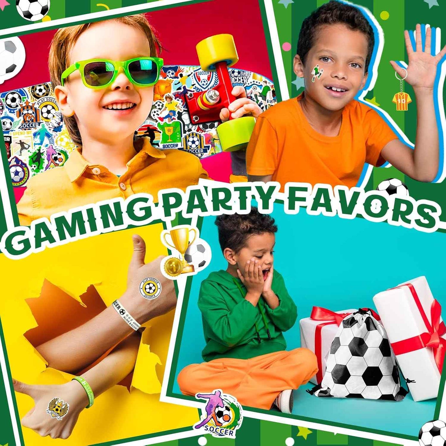 110Pcs Soccer Party Favors Drawstring Bags Soccer Goodie Bag with Mini Ball, Wristband, Slap bracelets, Keychains, Stickers for Soccer Party Supplies