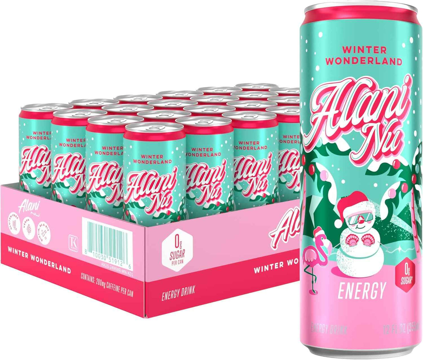 Alani Nu Winter Wonderland, Sugar Free, Low Calorie Energy Drinks, 200mg Caffeine, Biotin, B Vitamins, Zero Sugar, 10 Calories, 12 Fl Oz Cans, 24 Pack