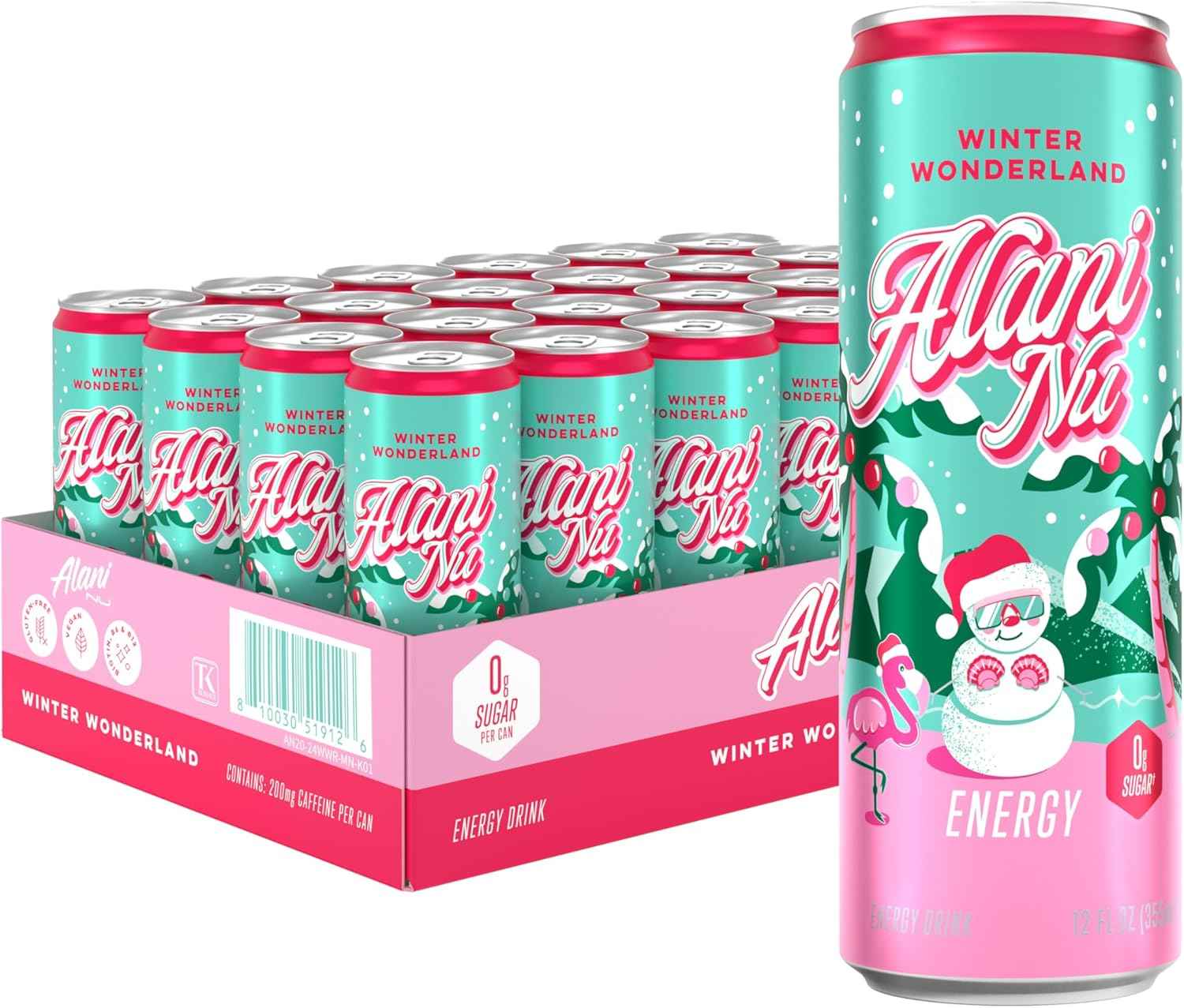Alani Nu Winter Wonderland, Sugar Free, Low Calorie Energy Drinks, 200mg Caffeine, Biotin, B Vitamins, Zero Sugar, 10 Calories, 12 Fl Oz Cans, 24 Pack