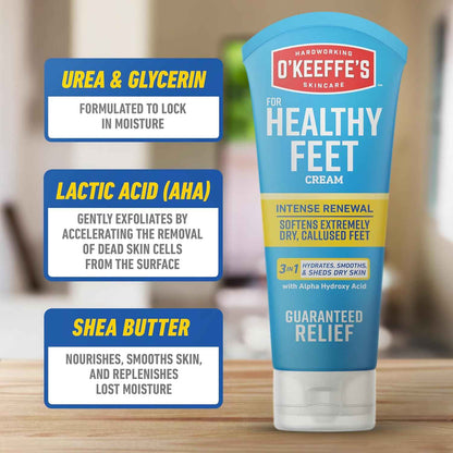 O'Keeffe's for Healthy Feet Intense Renewal Cream with Urea & Alpha Hydroxy Acid - 3 oz Tube - Chemically Exfoliates and Softens Extremely Callused, Dry Feet
