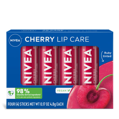 NIVEA Cherry Lip Care, Ruby Tinted Lip Balm Pack with Shea Butter, Nourishing Oils and Vitamin C &amp;amp; E, 3-in-1 Moisture, Repair and Color, 0.17 Oz Stick, Pack of 4