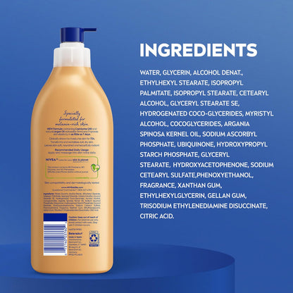 NIVEA_Skin_Firming_Melanin_Beauty_&_Hydration_Body_Lotion_with_Q10_and_Argan_Oil,_Firmer_Skin_in_as_Little_As_Seven_Days,_16.9_Fl_Oz_Pump_Bottle