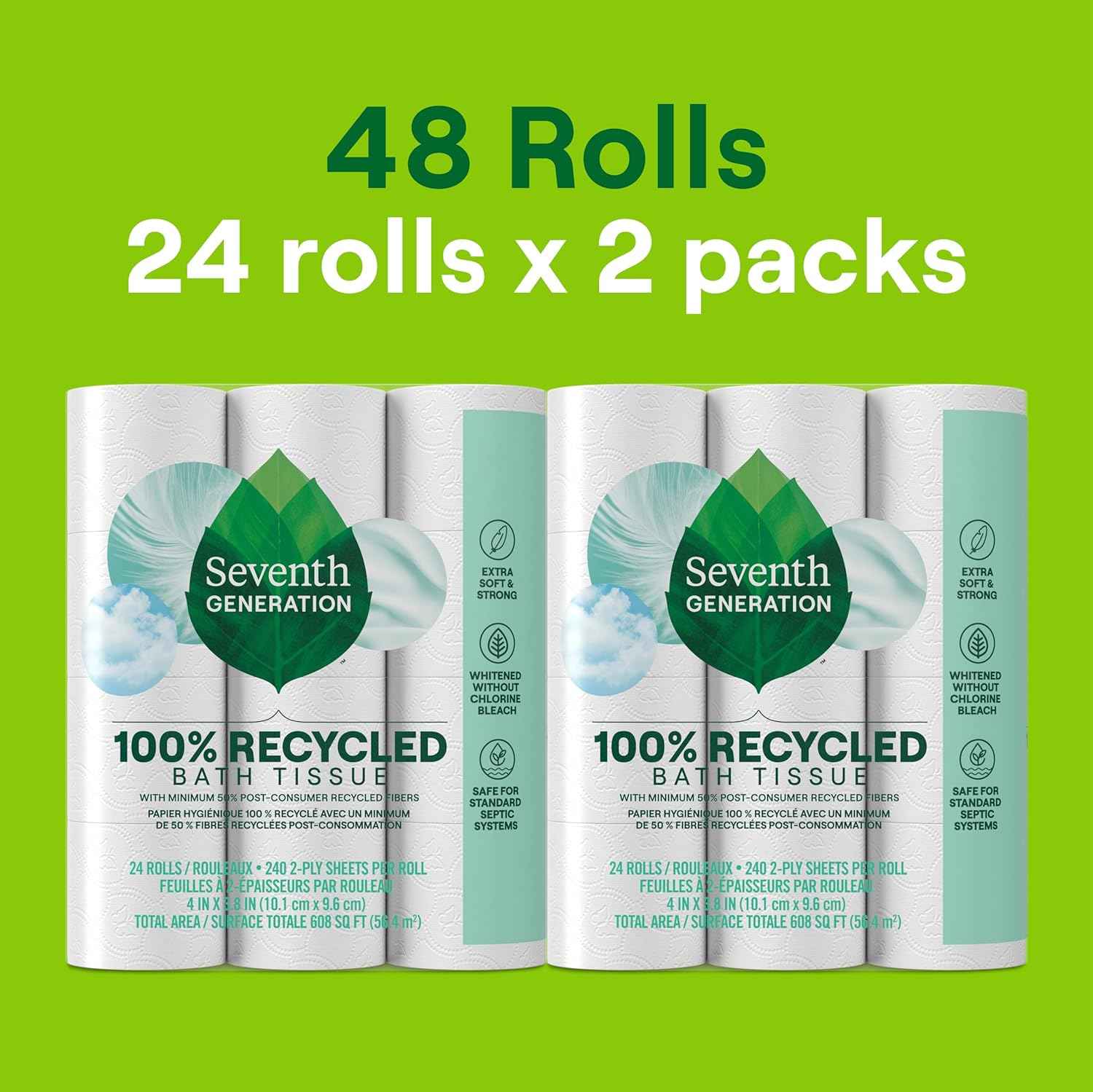 Seventh Generation Toilet Paper, 100% Recycled 2-Ply Bath Tissue, Extra Soft, Strong for Home & RV, Whitened without Chlorine Bleach, No Dyes, Fragrances, Septic Safe