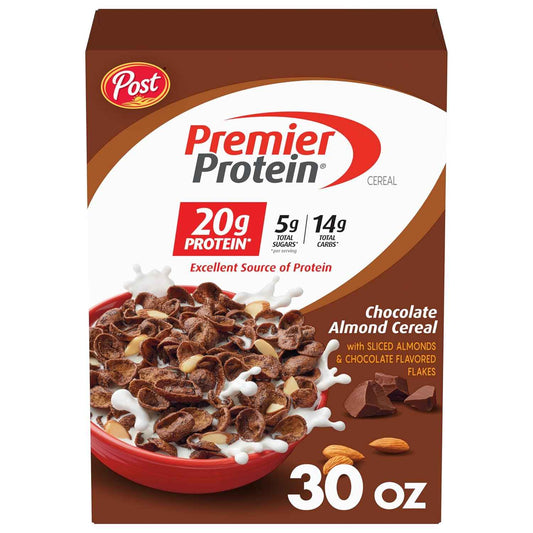 Post Premier Protein Cereal, Chocolatey Protein Cereal Flakes with Sliced Almonds, Contains 20g of Protein Per Serving, 30 OZ Box
