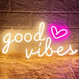 Good Vibes Neon Sign for Wall Decor Neon Lights Sign, 16"x8" Heart and Good Vibes LED Signs for Bedroom Wall, USB Operated Pink Goodvibes LED Neon Lights Signs for Game Room Christmas Decor
