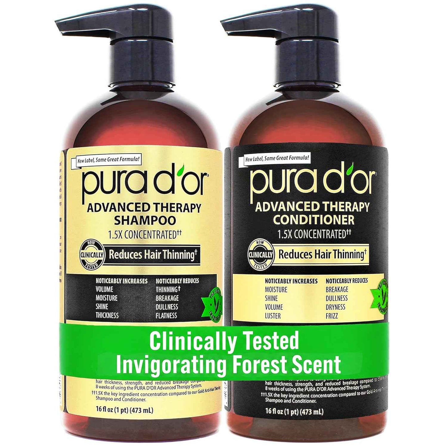 PURA D'OR Advanced Therapy Biotin Shampoo & Hair Regrowth Conditioner Set For Hair Thinning, CLINICALLY TESTED Effective Thickening Results, For Women & Men, Invigorating Forest Scent, 16oz x2
