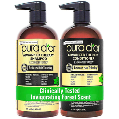 PURA D'OR Advanced Therapy Biotin Shampoo & Hair Regrowth Conditioner Set For Hair Thinning, CLINICALLY TESTED Effective Thickening Results, For Women & Men, Invigorating Forest Scent, 16oz x2