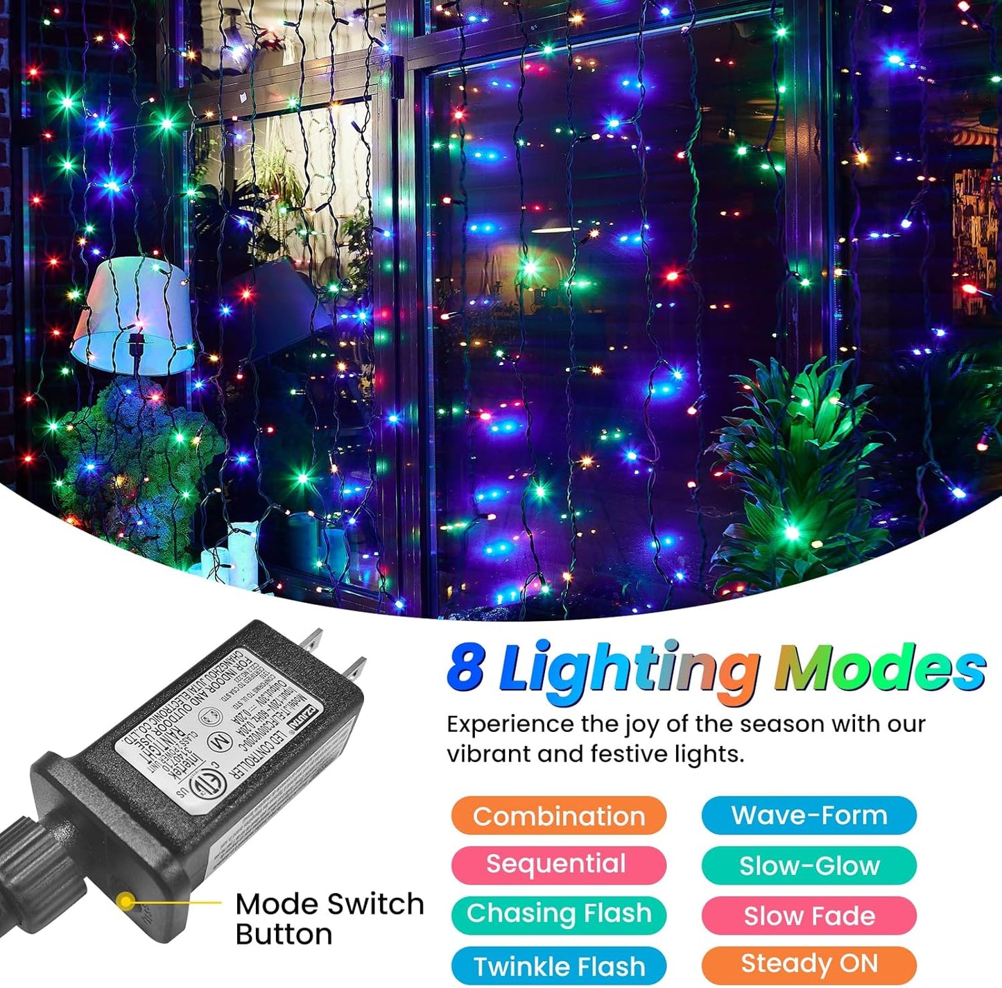 32ft/10M_100LED_Christmas_Tree_Lights,_8_Modes_Outdoor_Fairy_Lights,_Waterproof_Outdoor_String_Lights_Mains_Powered_for_Bedroom,_Garden,_Party,_Wedding,_Christmas_Decoration