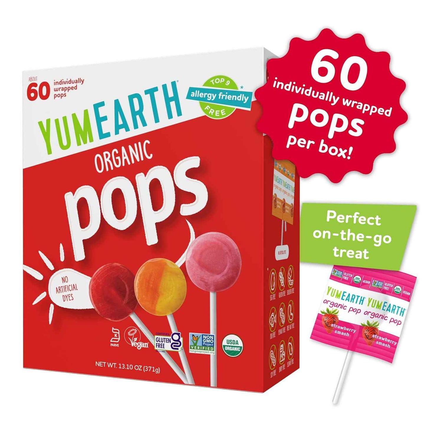 YumEarth Organic Pops, Fruit Flavored Favorites Lollipops, Allergy Friendly, Gluten Free, Non-GMO, Vegan, No Artificial Dyes
