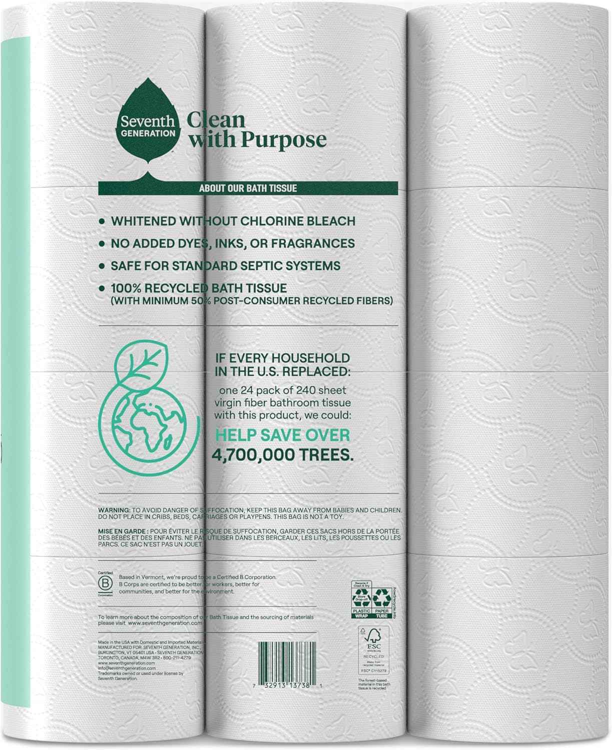 Seventh Generation Toilet Paper, 100% Recycled 2-Ply Bath Tissue, Extra Soft, Strong for Home & RV, Whitened without Chlorine Bleach, No Dyes, Fragrances, Septic Safe