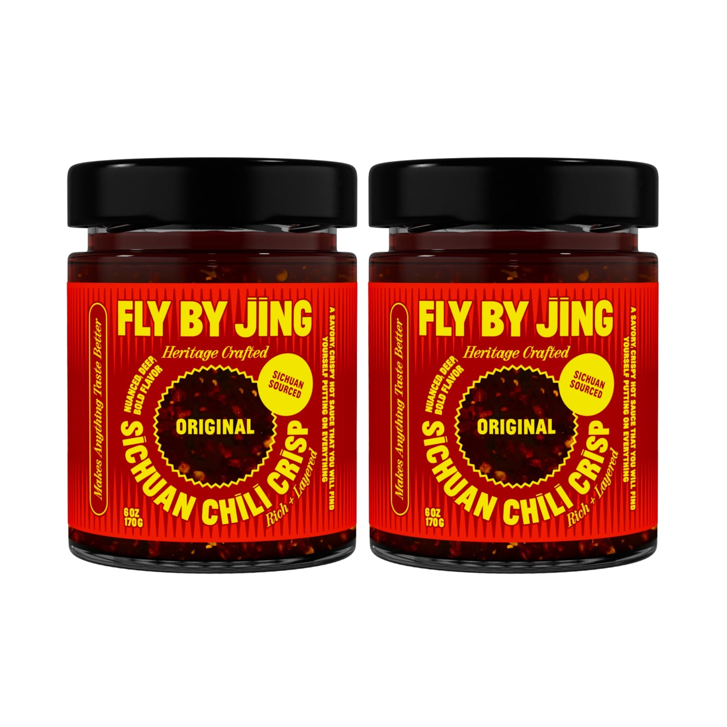 FLYBYJING Original Sichuan Chili Crisp: Premium Chili Oil w/Crunchy Garlic and Shallots - Spicy, Savory, Vegan, Sugar Free Hot Sauce - Good on Noodles, Proteins, Veggies &amp;amp; Everything, 6oz (Pack of 2)