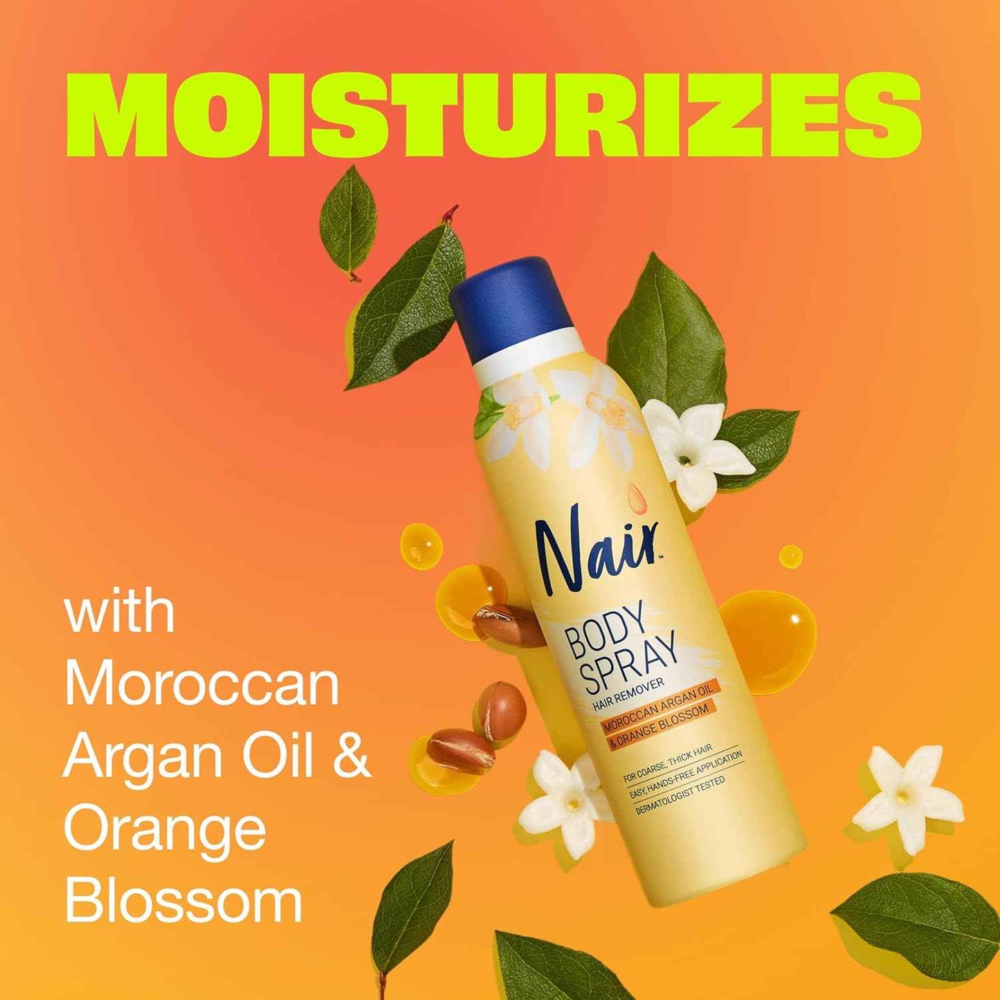 Nair Body Spray Hair Remover, Hands-Free Applicator Hair Removal Spray with Moroccan Argan Oil and Orange Blossom for Body, 7.5 Oz  