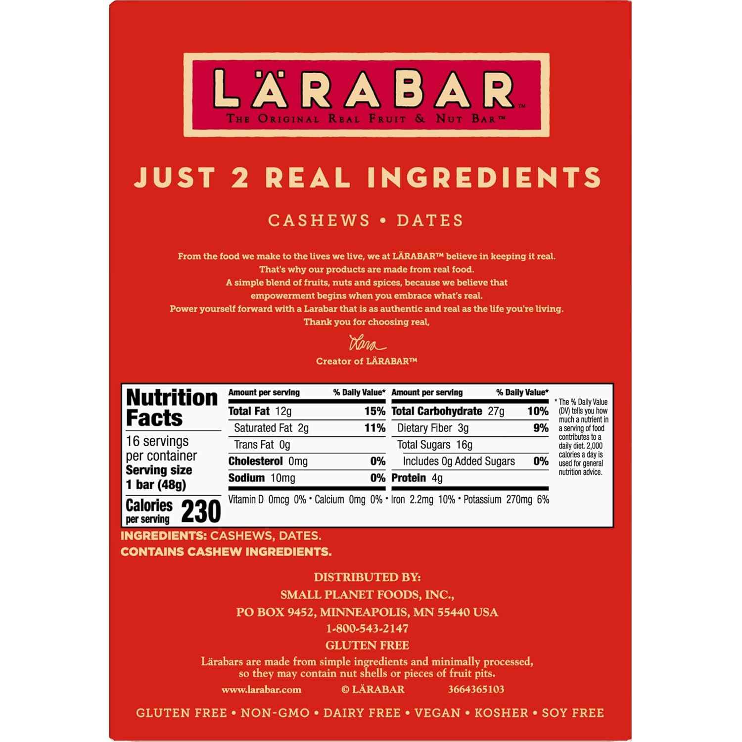 Larabar Cashew Cookie, Fruit and Nut Bars, Gluten Free and Vegan, 27.2 oz, 16 Ct