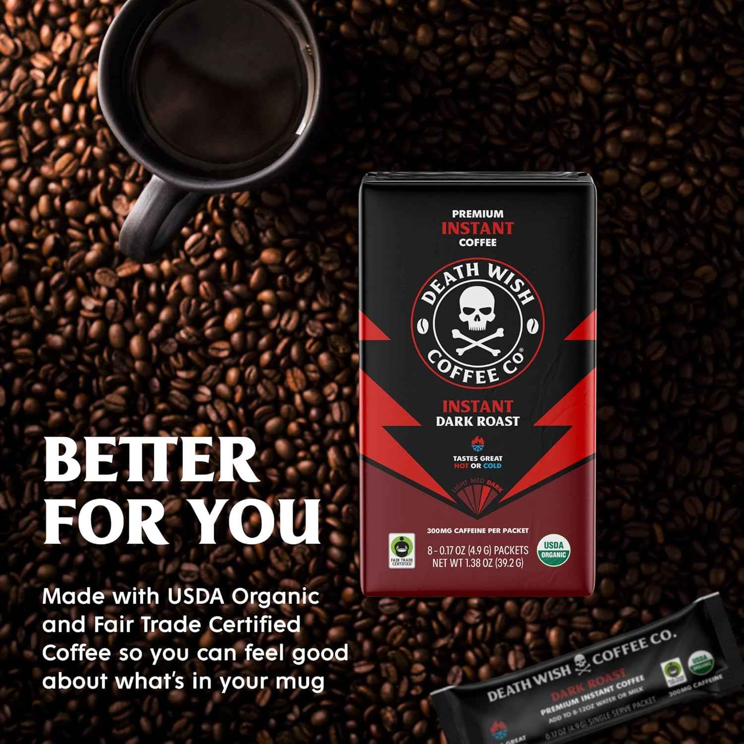 Death Wish Coffee Instant Dark Roast Coffee Packets, Bold & Intense Blend of Arabica & Robusta Beans, USDA Organic