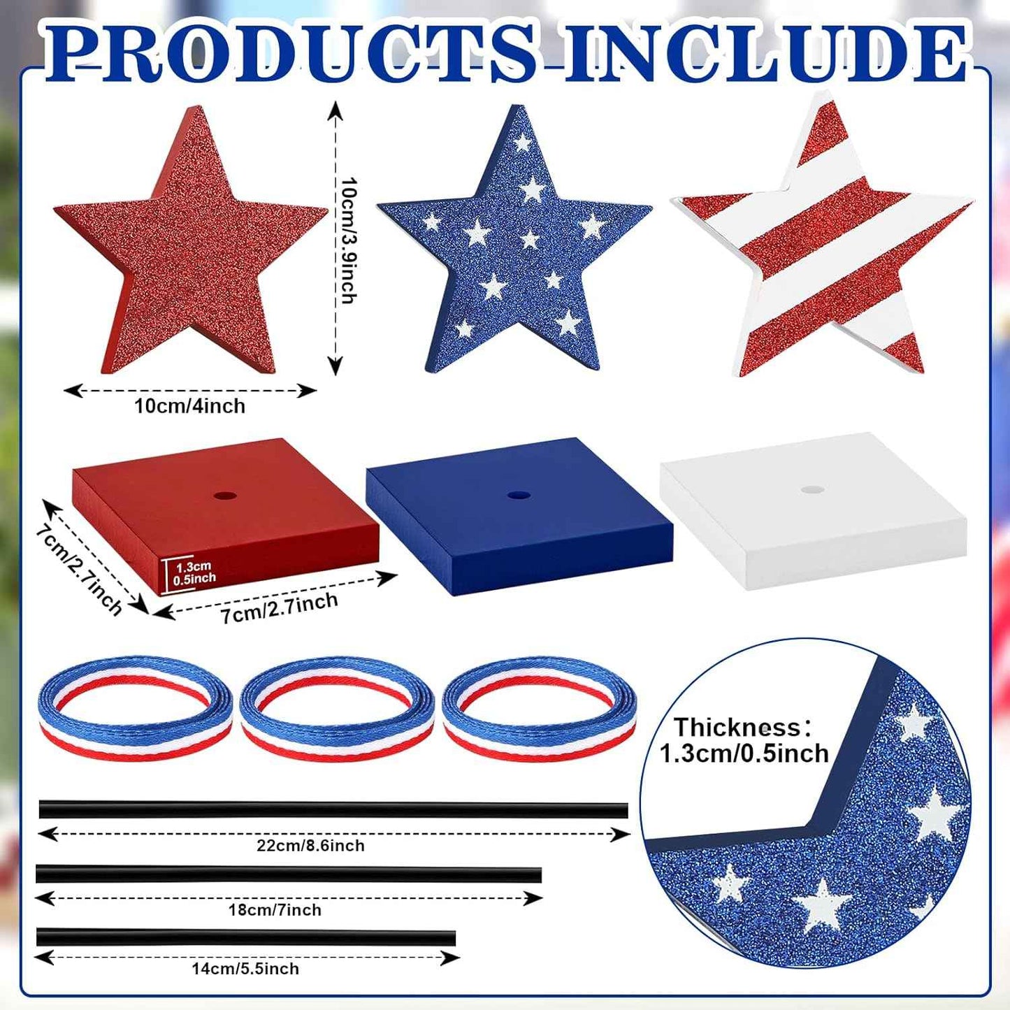 4th of July Tiered Tray Decor Wooden Star Set, 3 Pcs Memorial Day Table Decorations, Rustic Patriotic Tabletop Home Decor, Red White and Blue Decorations for Home