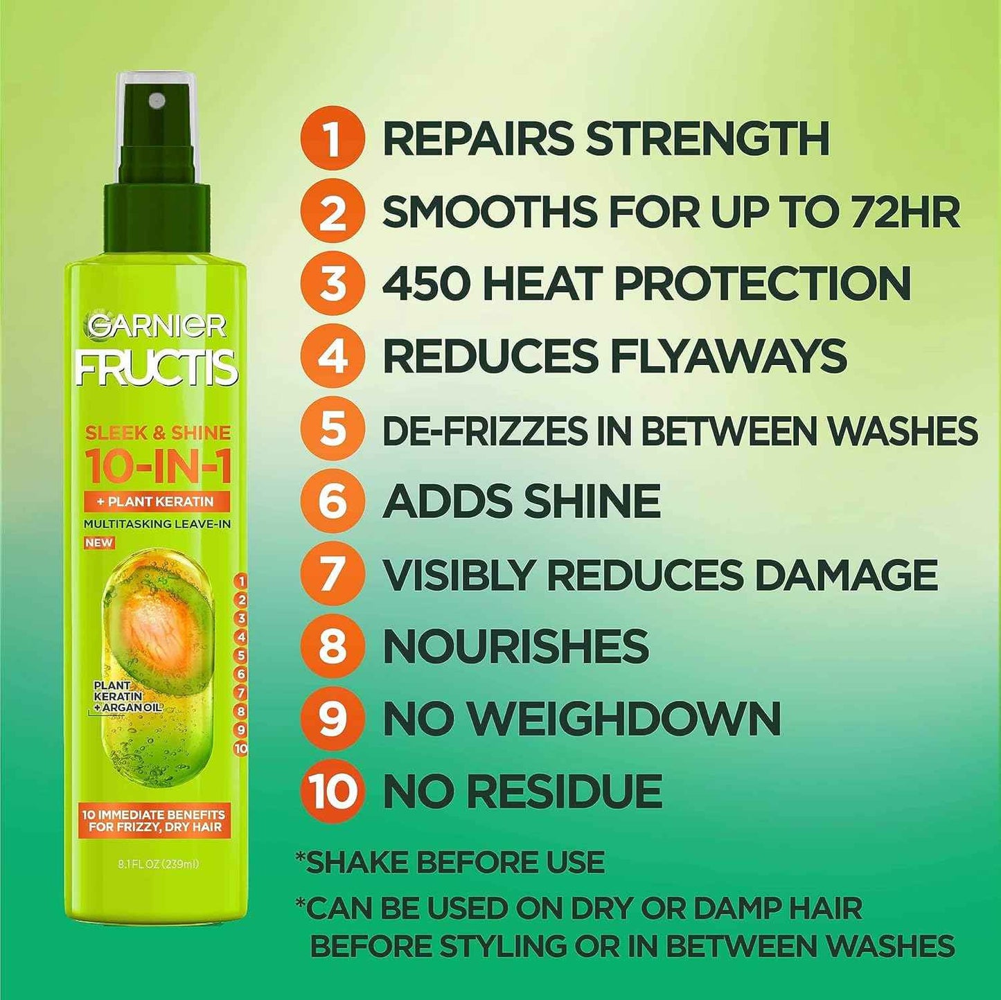 Garnier Fructis Sleek & Shine 10-in-1 for Frizzy, Dry Hair, Plant Keratin, 8.1 Fl Oz