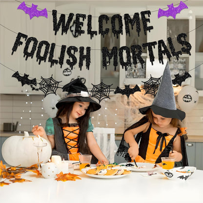 Welcome_Foolish_Mortals_Halloween_Banner_Decorations_Halloween_Haunted_Mansion_Banner_Wall_Decorations_with_Bat_and_Spider_for_Halloween_Party_Decorations