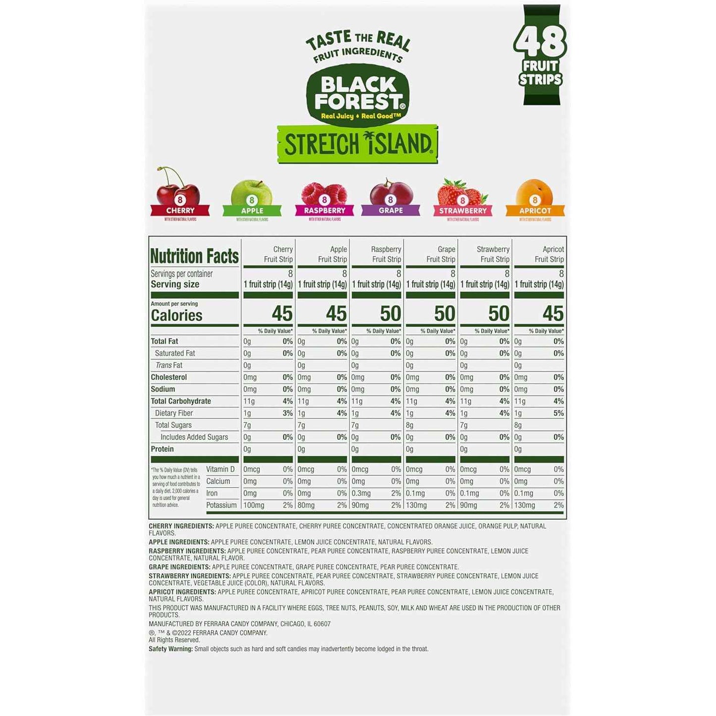 Black Forest, Stretch Island, Fruit Strips, Cherry, Apple, Raspberry, Grape, Strawberry, and Apricot, Zero Grams Added Sugar Non-GMO, 48 ct