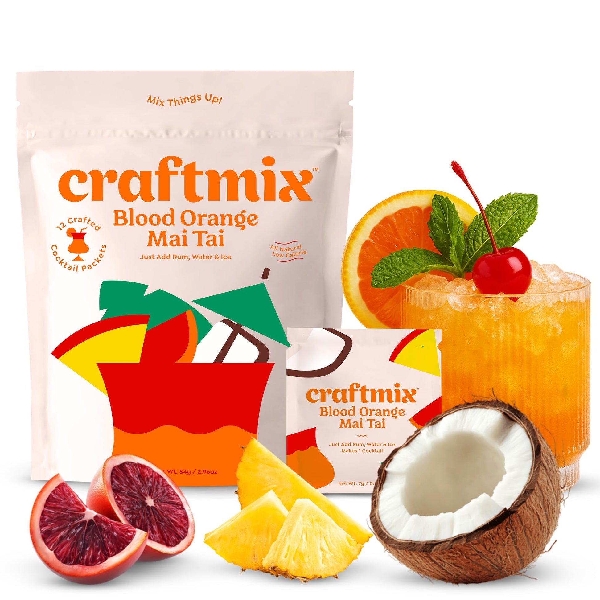 Craftmix Blood Orange Mai Tai Cocktail &amp;amp; Mocktail Drink Mixer, Skinny Mixes - Water Flavoring Packets - Made With Real Fruit - Vegan Low-Carb, Low-Sugar, Non-GMO, Dairy Free, Gluten Free, 12 Pack