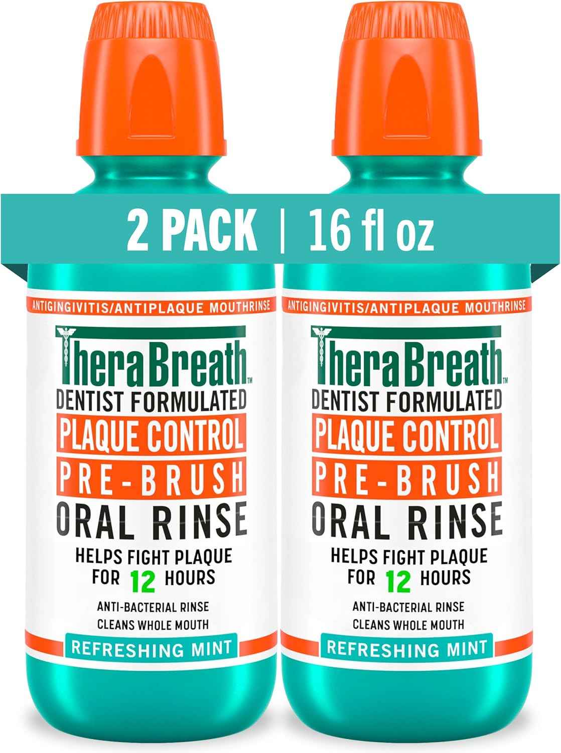 TheraBreath Plaque Control Pre-Brush Oral Rinse, Refreshing Mint Flavor, Antigingivitis and Antiplaque Rinse, Dentist Formulated, Alcohol Free, 16 Fl Oz
