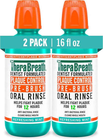 TheraBreath Plaque Control Pre-Brush Oral Rinse, Refreshing Mint Flavor, Antigingivitis and Antiplaque Rinse, Dentist Formulated, Alcohol Free, 16 Fl Oz