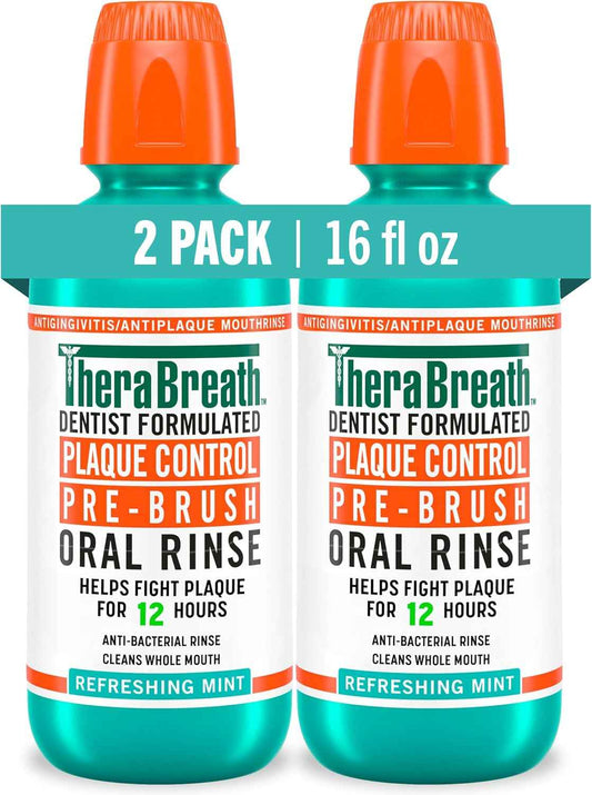 TheraBreath Plaque Control Pre-Brush Oral Rinse, Refreshing Mint Flavor, Antigingivitis and Antiplaque Rinse, Dentist Formulated, Alcohol Free, 16 Fl Oz