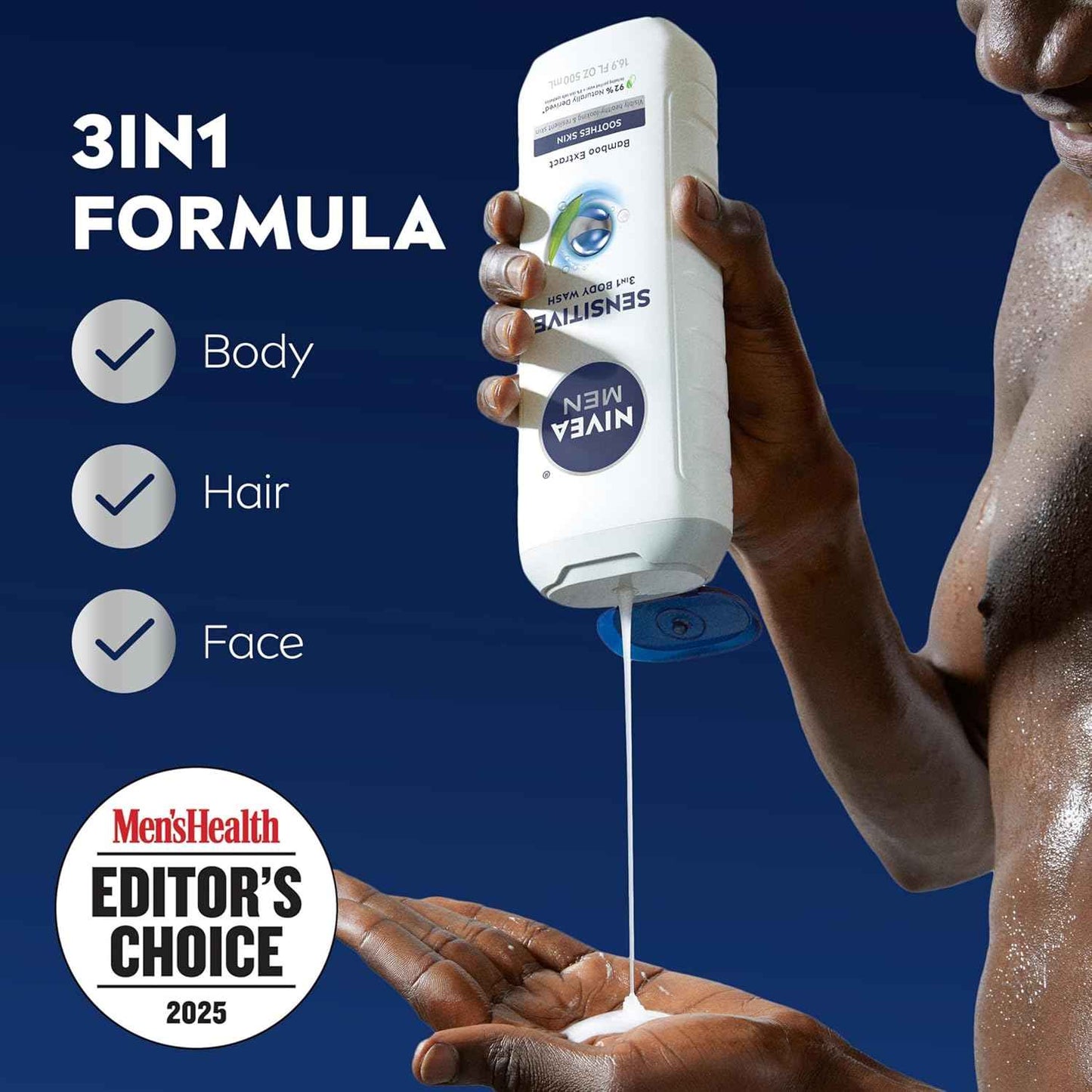 NIVEA MEN Sensitive Body Wash with Bamboo Extract, Moisturizing Body Wash for Sensitive Skin, Soap Free Shower Gel for Men with No Drying Alcohol, 16.9 Fl Oz Bottle